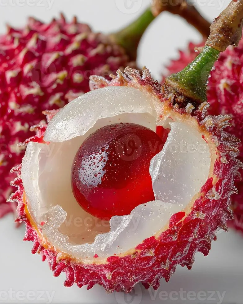 fresh-lychee-fruit-close-up-with-juicy-flesh-and-seed-exposed-for-culinary-use-photo Cận cảnh chất lượng trái vải lồng Marc với phần thịt dày và mọng nước