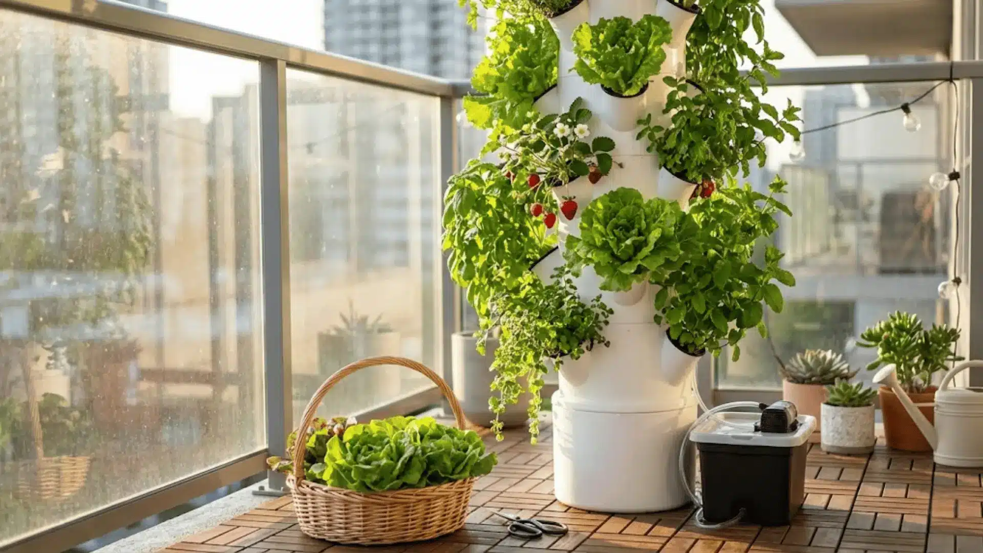 hydroponic-tower-garden-with-lettuce-and-strawberries-growing-on-sunny-apartment-balcony Mô hình rau bồ công anh ao mini hiện đại giúp tối ưu không gian xanh và sức khỏe cho nhà phố